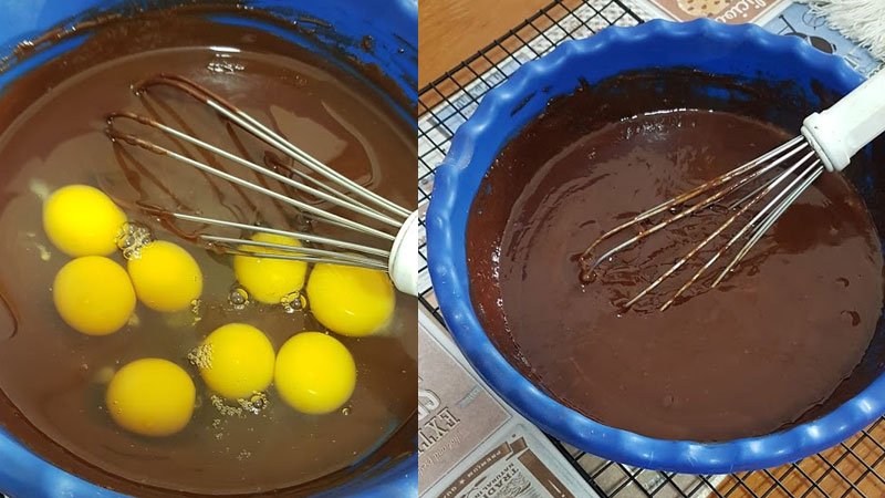 Adicione os ovos e misture com o fuet, até ficar com o aspecto homogênio